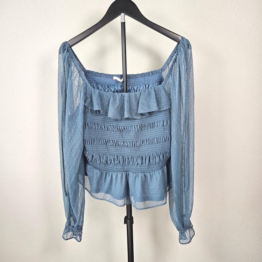LC Lauren Conrad Blouse Womens XL Blue Swiss Dot Smocked Mesh Cottagecore Top